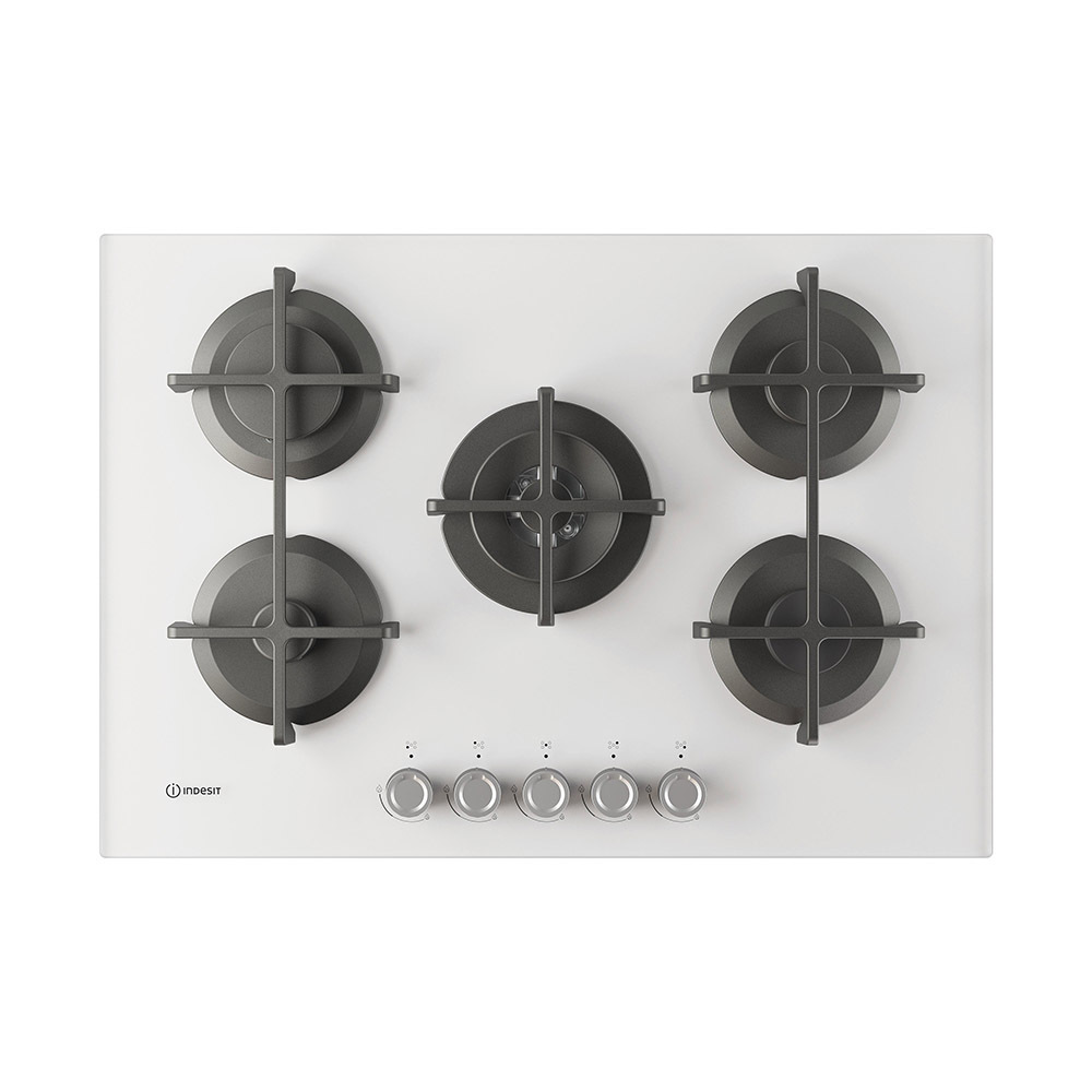 Indesit ING 72T/WH 1 piano gas vetro bianco 75cm 5 fuochi bruciatore doppia corona griglie in ghisa lavabili in lavastoviglie
